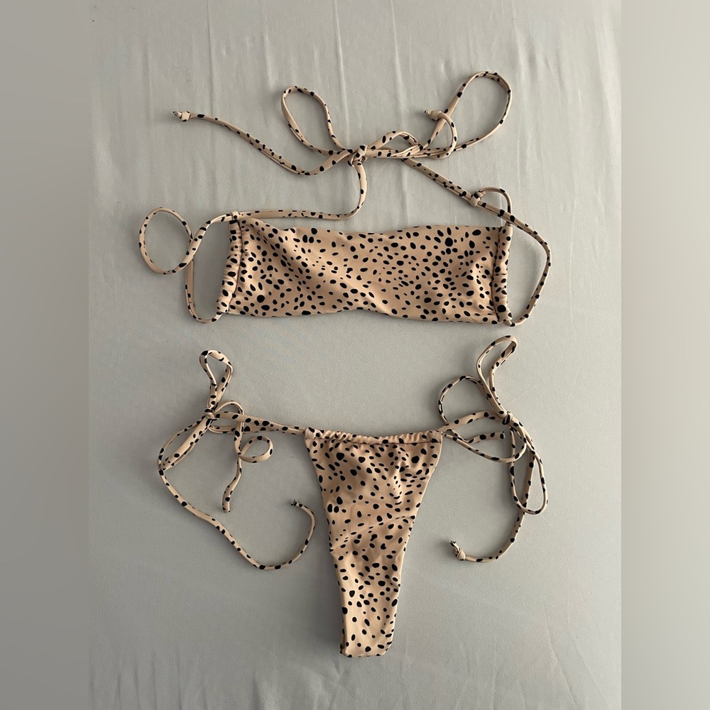 Zaful Spotted Tie-Side Bikini Set | Tan & Black | Size Small